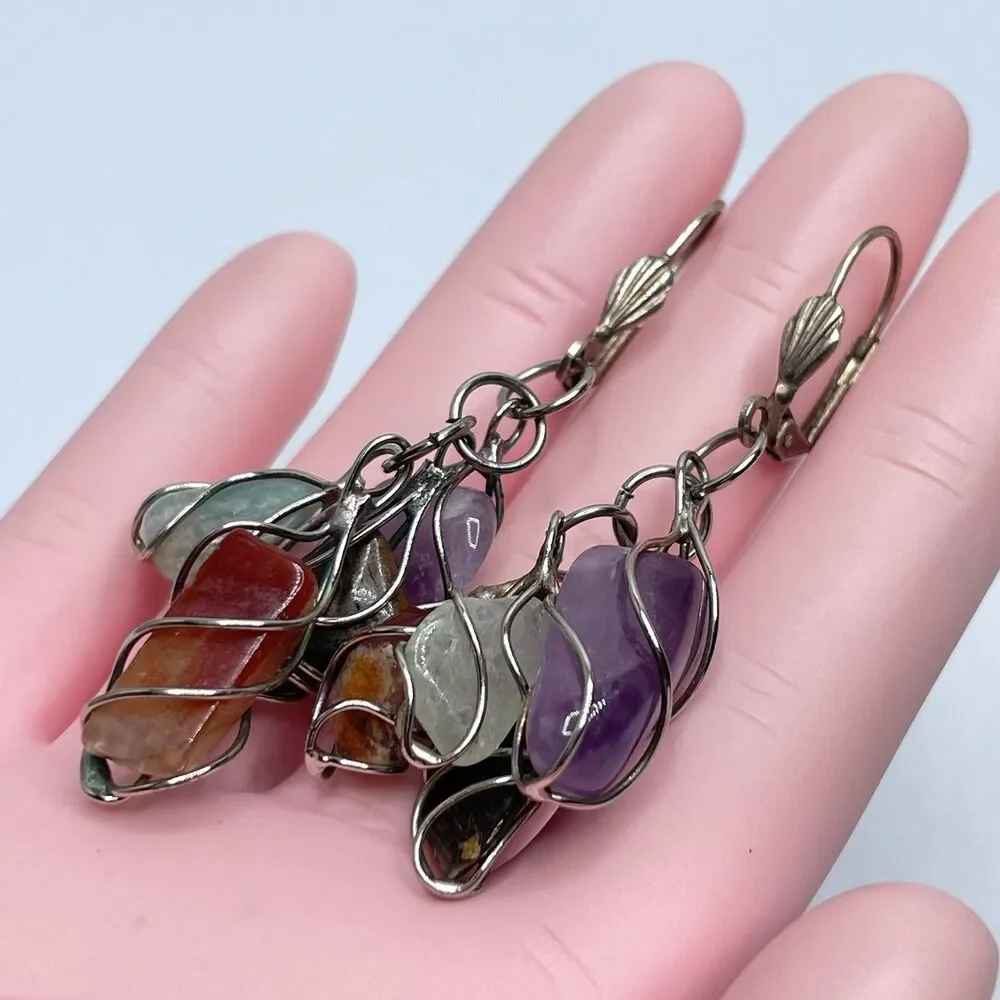 Artisan Wire Wrap Multi Gemstone Dangle Lever Back Earrings Silver Tone Boho